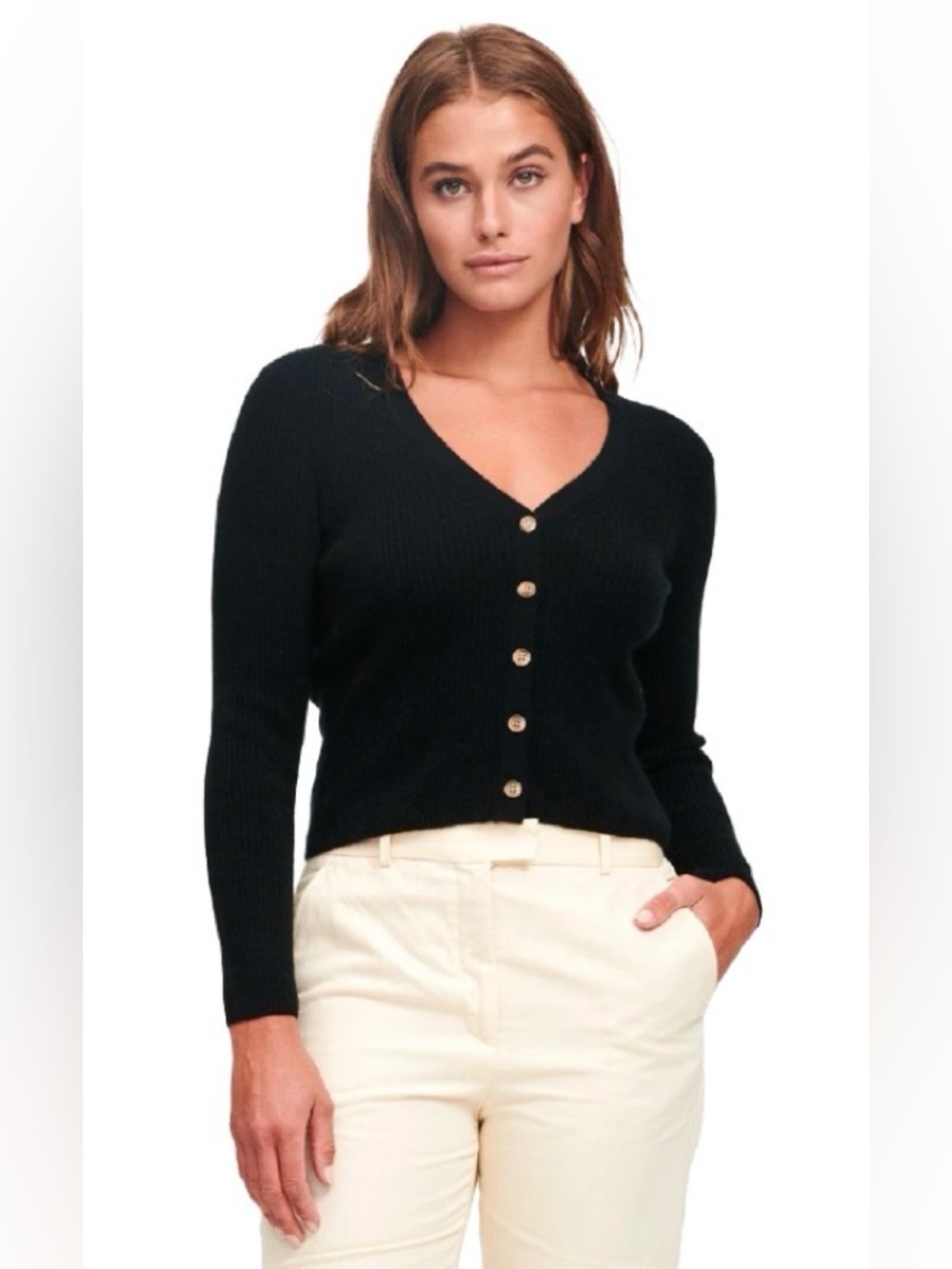 Naadam slightly cropped 100% cashmere cardigan sweater Small Black